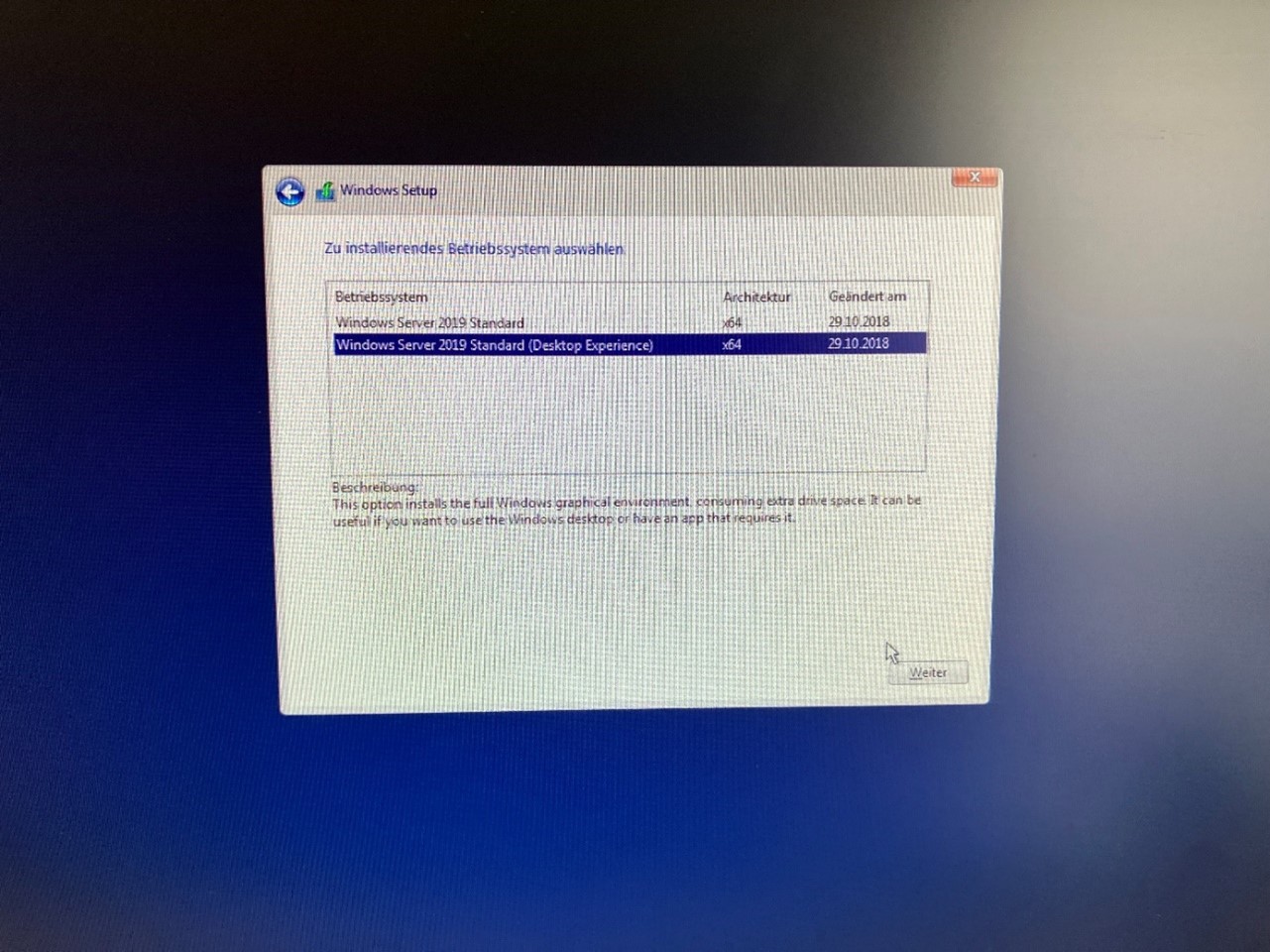 Windows-Server Version auswählen